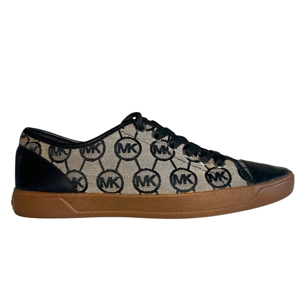 Michael Kors MK City Black and Brown Monogram Leather Canvas Sneakers Size 7.5